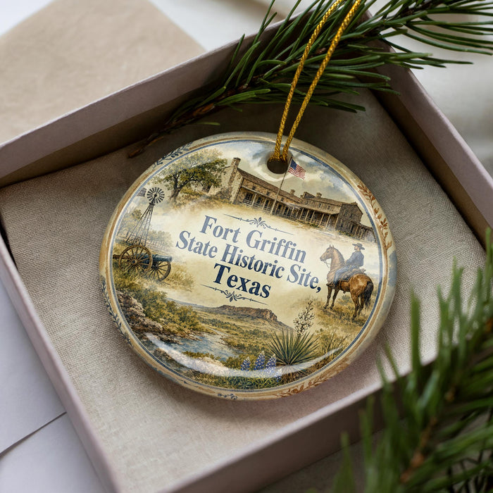 A decorative ornament in a box, featuring an illustration of Fort Griffin, the historic site in Texas.