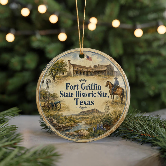 A circular ornament with a picture of Fort Griffin, a historic site in Texas, featuring a cowboy on horseback and a windmill.