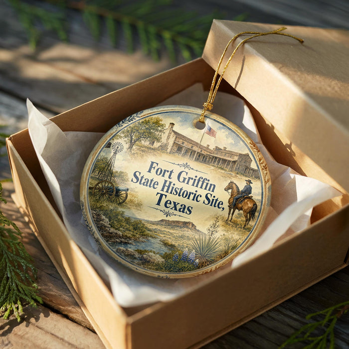 A circular ornament in a wooden box, featuring an illustration of Fort Griffin, the State Historic Site in Texas.