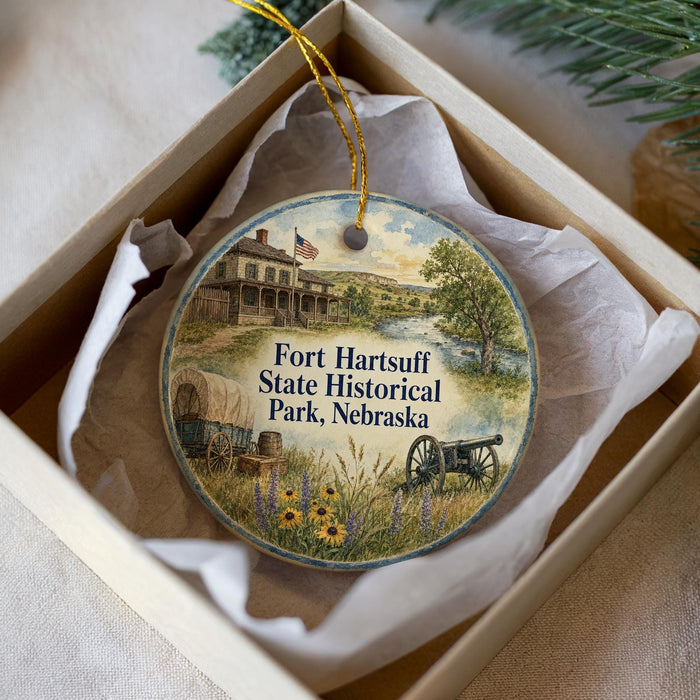 A round ornament with a picture of a historical building and a wagon, surrounded by flowers, placed in a box with a white tissue paper lining.