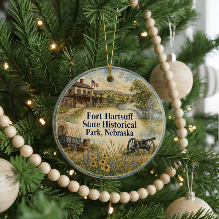 A round ornament hanging on a Christmas tree, featuring an illustration of Fort Hartsuff State Historical Park in Nebraska.
