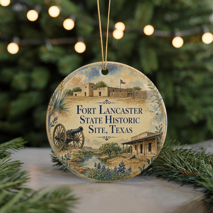 A round ornament with a painting of Fort Lancaster, Texas, featuring a cannon, a building, and a river.