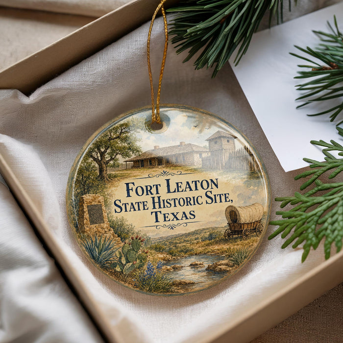 A decorative ornament with a picture of Fort Leaton, a historic site in Texas, hanging from a string.