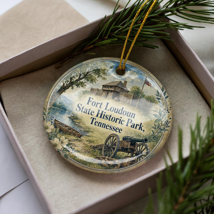 A decorative ornament in a box, featuring a scene from Fort Loudoun State Historic Park, Tennessee.