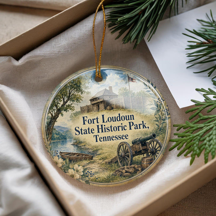 A decorative ornament with a scene depicting Fort Loudoun State Historic Park in Tennessee, featuring a cannon, a house, and a river.