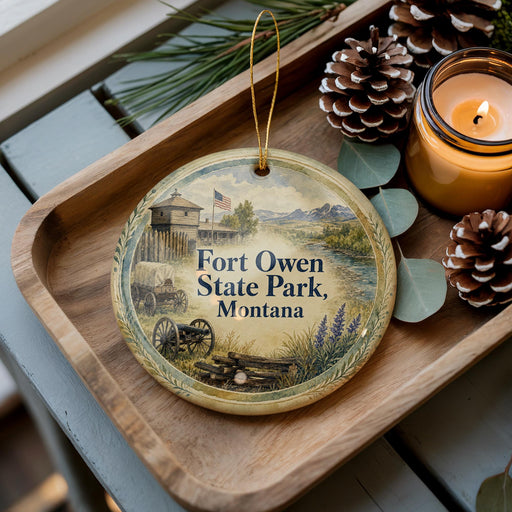 A decorative ornament with a painting of Fort Owen State Park, Montana, sits on a wooden tray alongside pine cones and a lit candle.