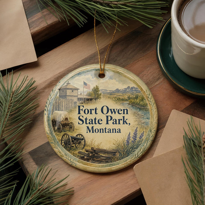 A decorative ornament with a scenic image of Fort Owen State Park, Montana, hanging on a wooden surface.