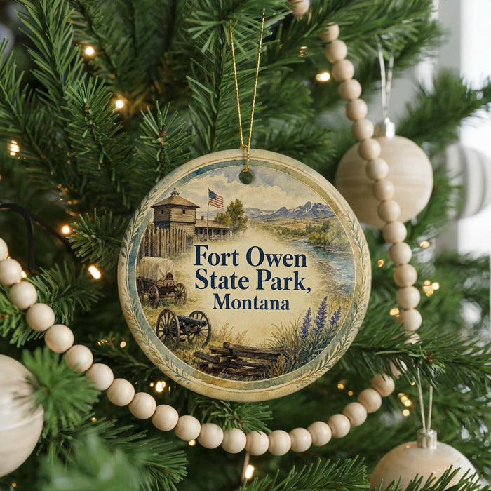 A round ornament hanging on a Christmas tree, featuring a scenic image of Fort Owen State Park in Montana.