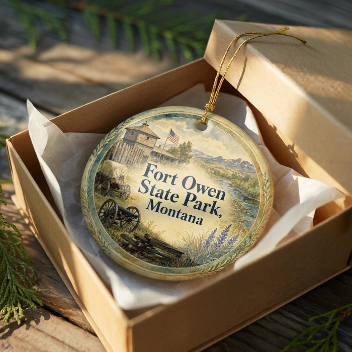 A round ornament in a box, featuring a scenic image of Fort Owen State Park in Montana.