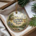 A decorative ornament with a scenic landscape of Fort Parker State Park, Texas, hanging from a string.