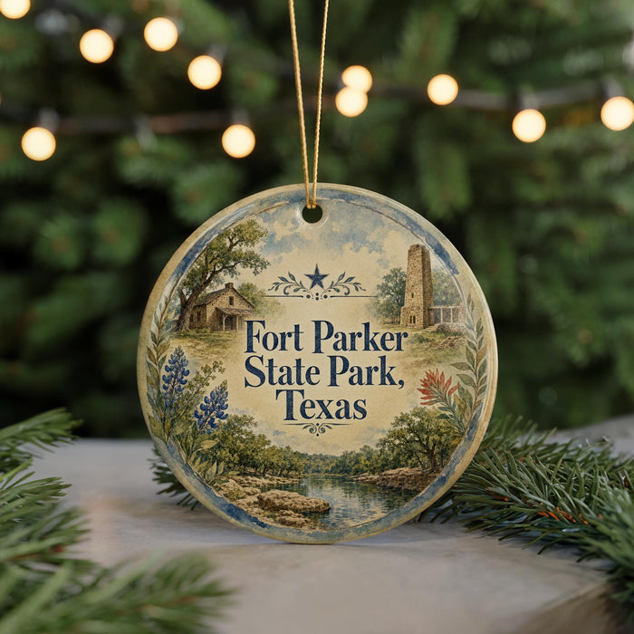 A round ornament with a painting of Fort Parker State Park, Texas, surrounded by greenery and a string of lights.