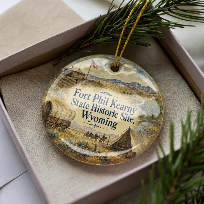 A decorative ornament in a box, featuring an illustration of Fort Phil Kearny, the State Historic Site in Wyoming.