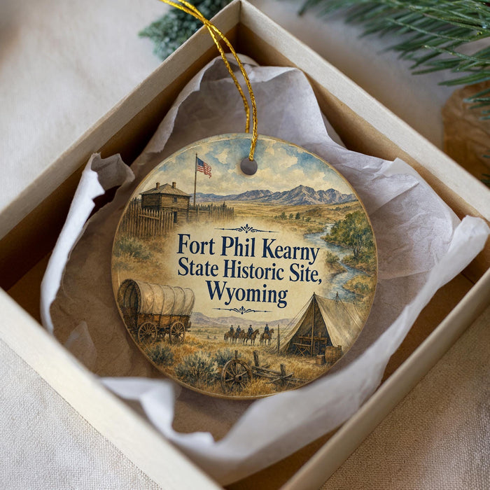 A circular ornament with a painting of a wagon and a building, surrounded by text that reads "Fort Phil Kearny State Historic Site, Wyoming".