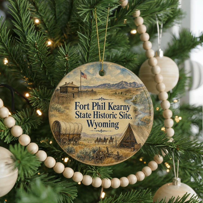 A round ornament hanging on a Christmas tree, featuring an illustration of Fort Kearny, the historic site in Wyoming.
