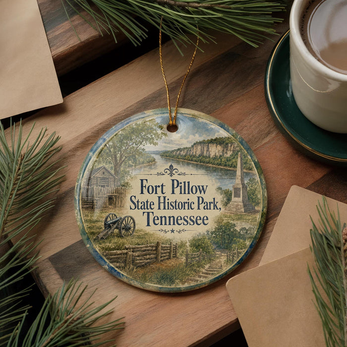 A decorative ornament featuring a scenic image of Fort Pillow State Historic Park in Tennessee, surrounded by pine branches and a cup of coffee on a wooden surface.