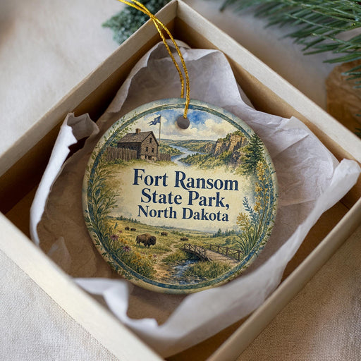 A round ornament with a picture of Fort Ransom State Park, North Dakota, and a small building in the background.