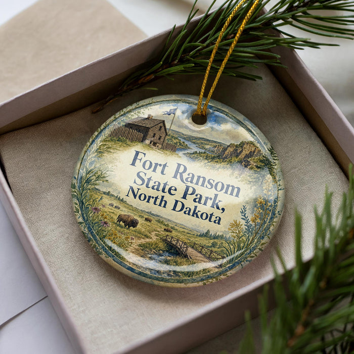 A decorative ornament with a picture of Fort Ranson, State Park, and North Dakota, featuring a barn, a river, and a mountain landscape.