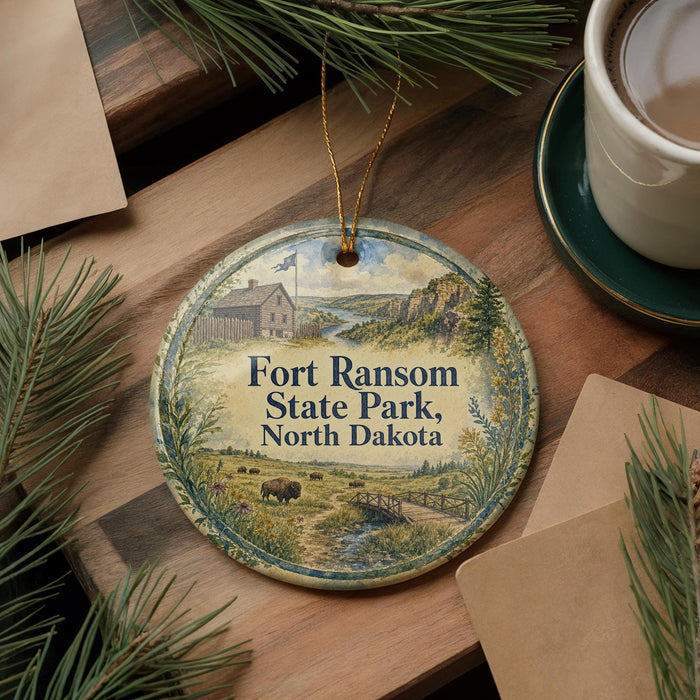 A round ornament with a scenic illustration of Fort Ransom State Park in North Dakota, featuring a house, a river, and wildlife.