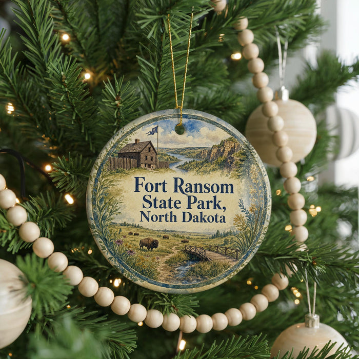 A round ornament on a Christmas tree, featuring a scenic image of Fort Ransom State Park in North Dakota.