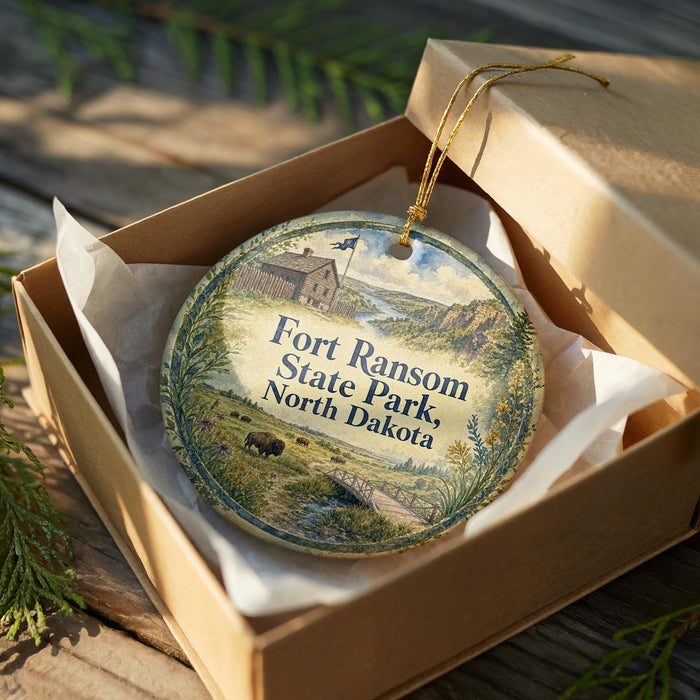 A round ornament in a box, featuring a scenic landscape with a building and a river, with the text "Fort Ransom State Park North Dakota" printed on it.