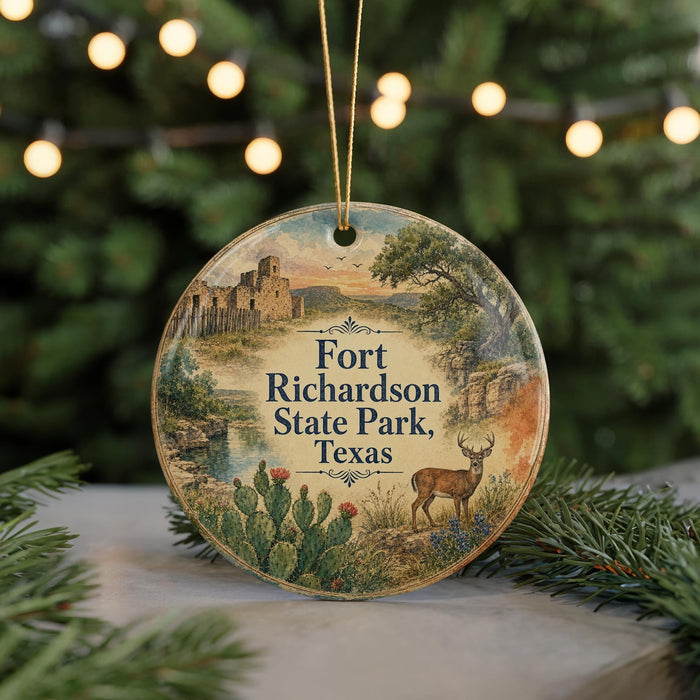 A round ornament with a picture of Fort Richardson State Park, Texas, featuring a deer, cactus, and other natural elements.