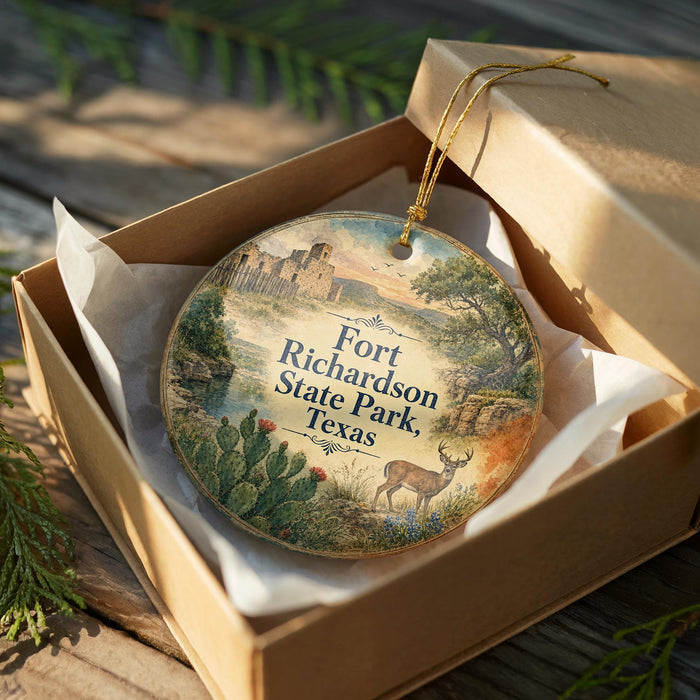 A round ornament in a box, featuring a scenic landscape with a castle, trees, and a deer, along with the text "Fort Richardson State Park, Texas".