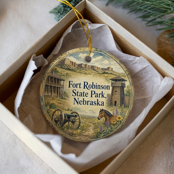 A round ornament with a picture of Fort Robinson State Park in Nebraska, featuring a horse and a cannon, is displayed in a box.