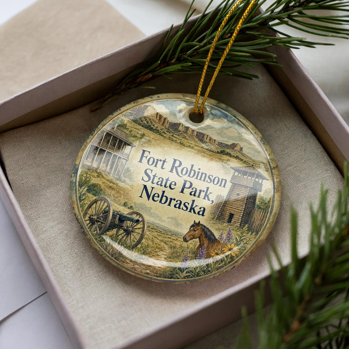 A decorative ornament in a box, featuring an illustration of Fort Robinston State Park in Nebraska.