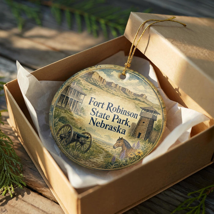 A decorative ornament in a wooden box, featuring an illustration of Fort Robinson State Park in Nebraska.