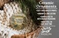 Ceramic ornaments, including a round ornament with a picture of Fort Robinson State Park, Nebraska, and a wicker basket with greenery.