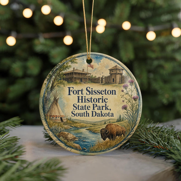 A round ornament with a painting of Fort Sisset Historic State Park, South Dakota, featuring a buffalo, a teepee, and a river.