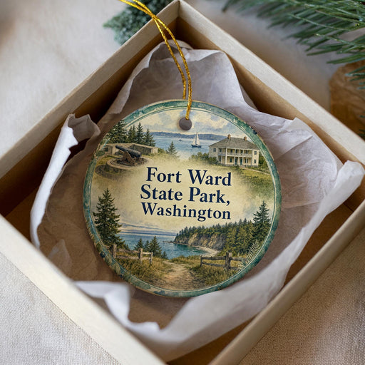 A round ornament with a scenic image of Fort Washington State Park, Washington, displayed in a box.