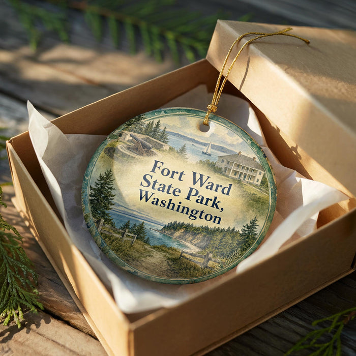 A round ornament in a box, featuring a scenic landscape with a house and trees, with the text "Fort Washington State Park, Washington" printed on it.