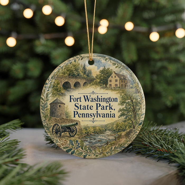 A round ornament with a painting of Fort Washington State Park, Pennsylvania, featuring a bridge, a house, and a cannon, surrounded by greenery and twinkling lights.