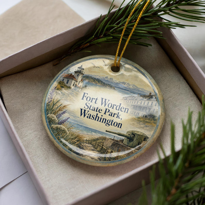 A decorative ornament in a box, featuring a lighthouse and other scenic elements, with the text "Fort Worden State Park, Washington" prominently displayed.