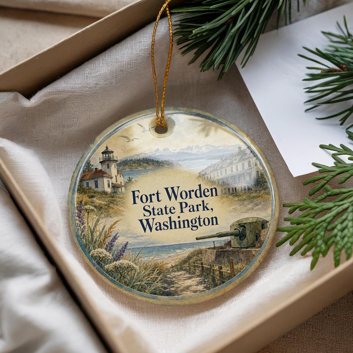 A round ornament with a lighthouse and a castle in the background, surrounded by greenery, is displayed in a box.
