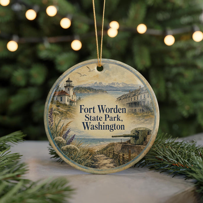 A round ornament with a lighthouse and a coastal scene, featuring the text "Fort WORDEN State Park, Washington".