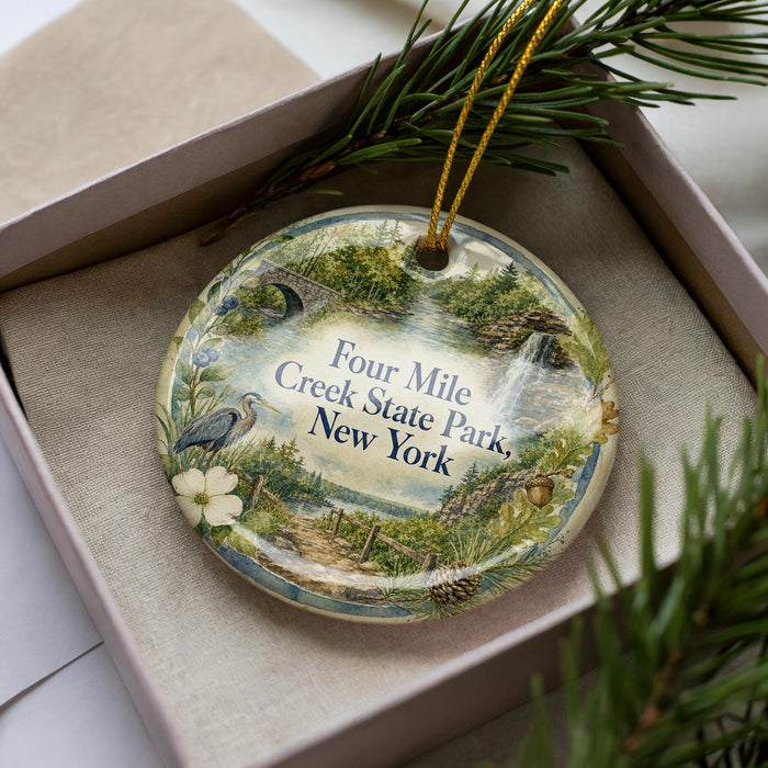 A decorative ornament in a box, featuring a scenic image of the Four Mile Creek State Park in New York.