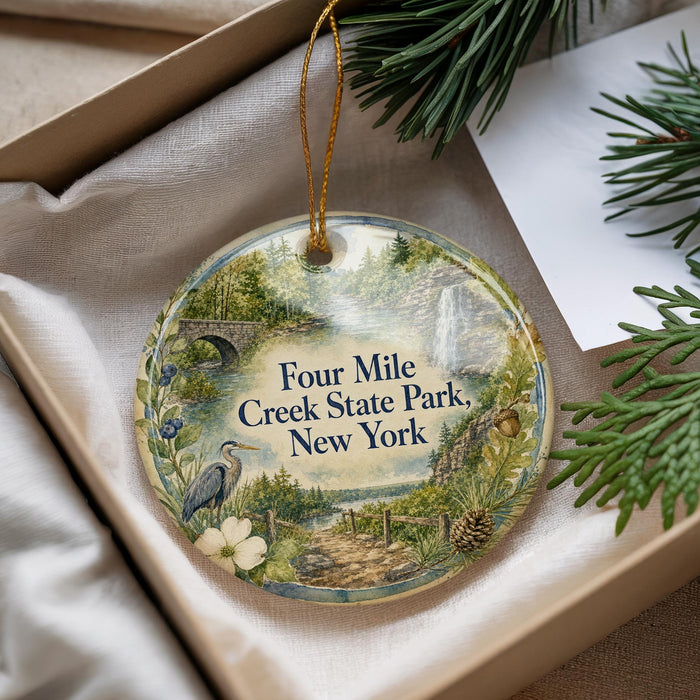 A decorative ornament with a scenic landscape of Four Mile Creek State Park, New York, featuring a bird, flowers, and a waterfall.
