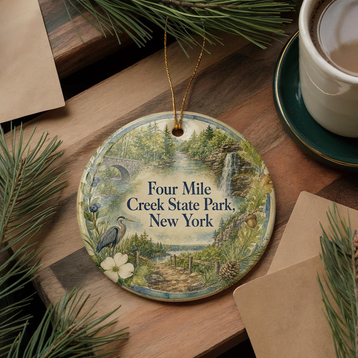 A decorative ornament featuring a scenic image of the Four Mile Creek State Park in New York, with pine branches and a cup of coffee nearby.