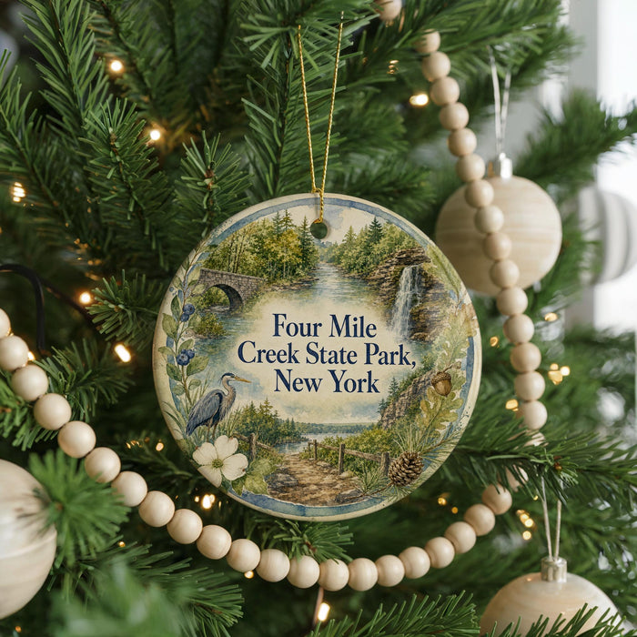A Christmas tree decorated with ornaments, including a circular ornament with a scenic image of the Four Mile Creek State Park in New York.