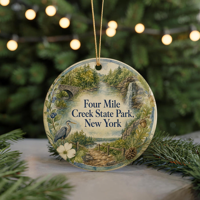 A round ornament with a scenic illustration of a park, featuring a waterfall, trees, and a bird, is displayed in front of a blurred background with Christmas lights.