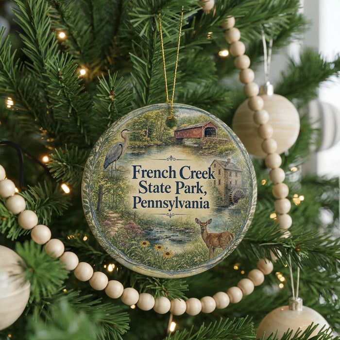 A round ornament hanging on a Christmas tree, featuring illustrations of a bridge, a deer, and a bird, with the text "French Creek State Park, Pennsylvania" displayed on it.