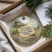 A decorative ornament with a scenic image of the Frenchglen Hotel State Heritage Site in Oregon, featuring a building surrounded by trees and a porch.