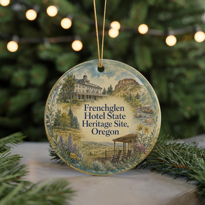 A decorative ornament featuring a scenic image of the Frenchglen Hotel and Heritage Site in Oregon, surrounded by greenery and a string of lights.