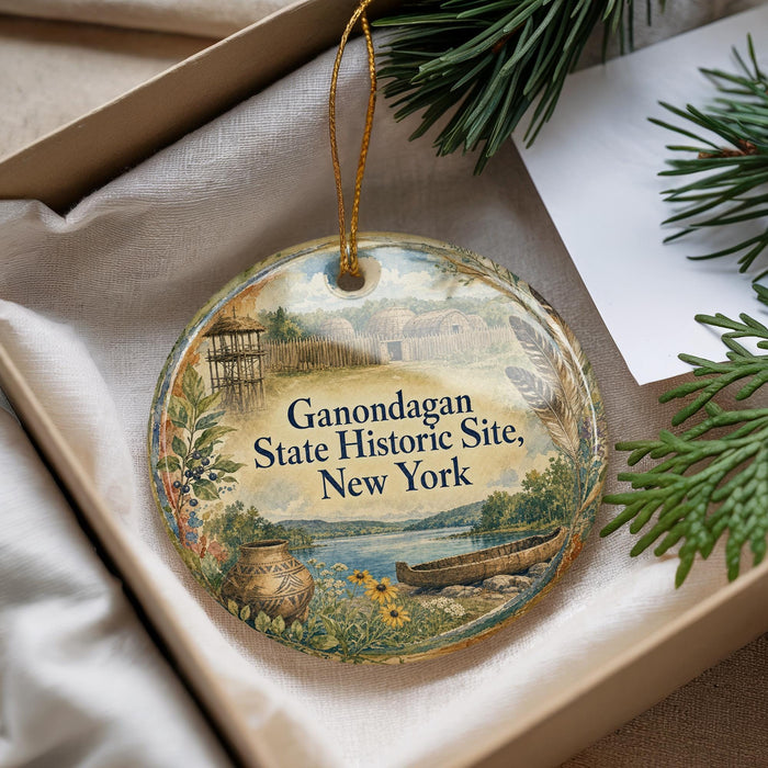 A decorative ornament with a scenic landscape and text, placed in a box with pine branches.
