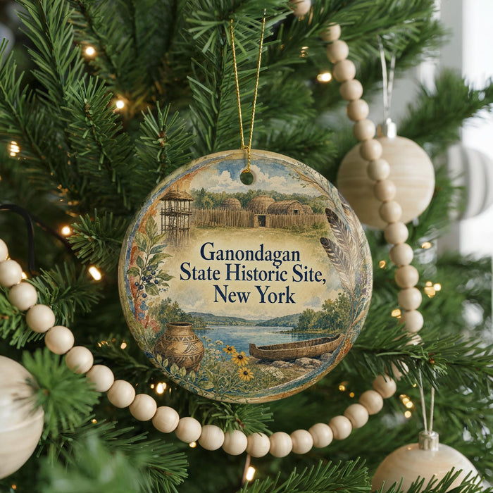 A round ornament hanging on a Christmas tree, featuring a scenic landscape with a river, a building, and a boat.