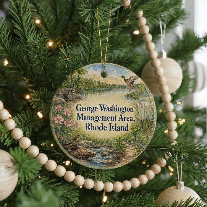 A round ornament hanging on a Christmas tree, featuring a scenic landscape with a lake, mountains, and a bird in flight.