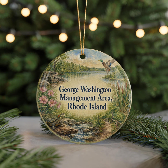 A round ornament with a scenic landscape featuring a lake, mountains, and wildlife, including a bird in flight, hangs in front of a blurred background of Christmas lights.