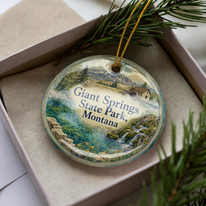 A decorative ornament in a box, featuring a scenic landscape with a river, mountains, and a house, with the text "Giant Springs State Park, Montana" printed on it.